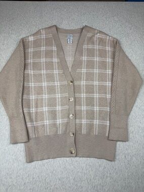 Joie Plaid Cable Knit Cardigan Sweater Women’s Size Small Beige Ivory Soft Cozy